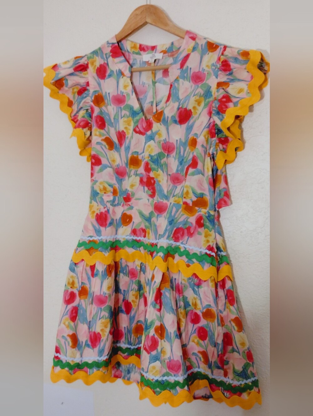 Entro Floral Ric Rac Flutter Sleeve Mini Dress Pink Multi Size M - Picture 7 of 11